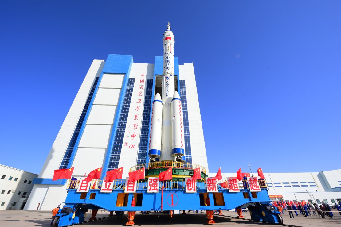 The Shenzhou-14 crewed spaceship and a Long March-2F carrier rocket before being transferred to the launching area in Jiuquan Satellite Launch Center in northwest China, on May 29.