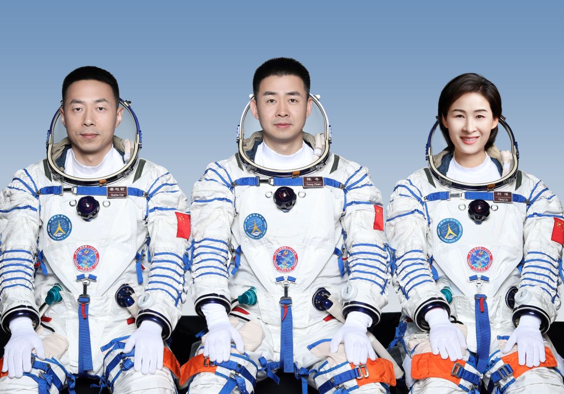 Chinese astronauts Cai Xuzhe, Chen Dong and Liu Yang who will carry out the Shenzhou-14 spaceflight mission.