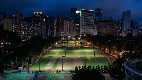 Victoria Park, the traditional site of Hong Kong's annual Tiananmen candlelight vigil, remains largely empty on June 4, 2022.
