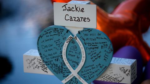 A cross for Jacklyn Cazares stands at a memorial site for the victims killed in the shooting at Robb Elementary School in Uvalde, Texas.