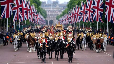 Soldiers parade during the Platinum Jubilee Pageant outside Buckingham Palace in London on Sunday.