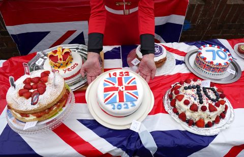 Cakes celebrating the jubilee are displayed at a street party in Aylesford, England, on Sunday. 