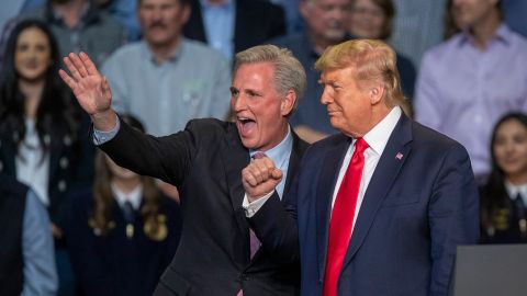 House Minority Leader Kevin McCarthy and U.S. President Donald Trump attend a legislation signing rally with local farmers on February 19, 2020 in Bakersfield, California. 