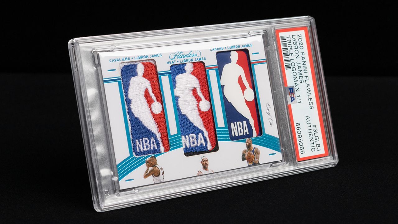 The Lebron James card features game-used patches from each of the NBA teams that he has played for: the Cleveland Cavaliers, Miami Heat and Los Angeles Lakers.