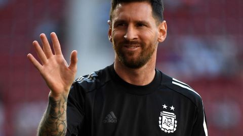 Argentina's Lionel Messi gestures before the start of the international friendly football match between Argentina and Estonia at El Sadar stadium in Pamplona on June 5, 2022. (Photo by ANDER GILLENEA/AFP via Getty Images)