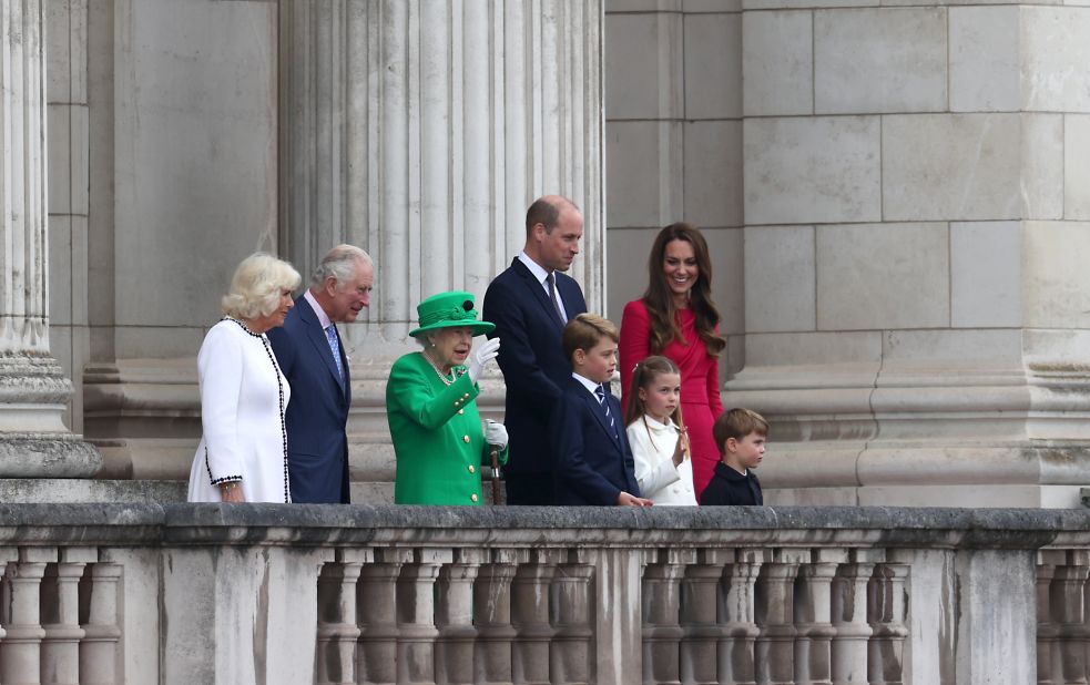 The Queen is joined by members of the royal family during her balcony appearance on Sunday. With her, from left, are Camilla, the Duchess of Cornwall; Prince Charles; Prince William; Prince George; Princess Charlotte; Catherine, the Duchess of Cambridge; and Prince Louis.
