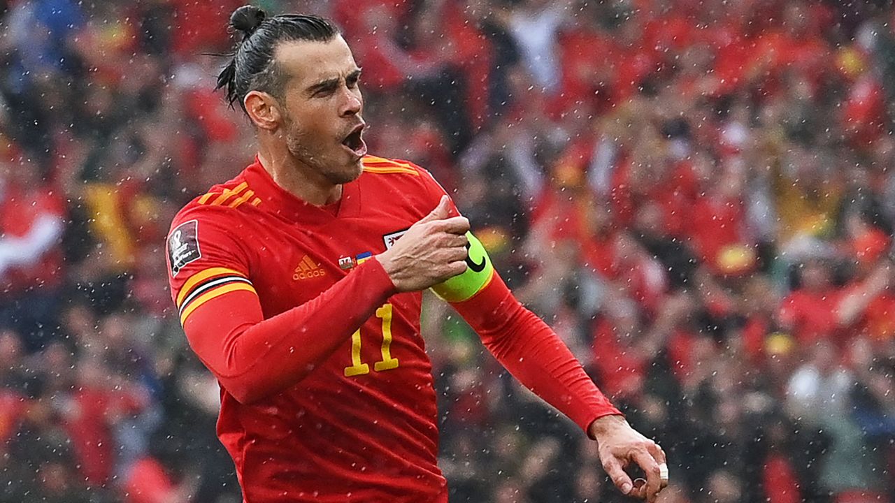 Gareth Bale celebrates after scoring the opening goal during the FIFA World Cup 2022 play-off final qualifier between Wales and Ukraine on June 5, 2022.