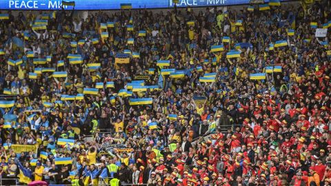 Ukraine supporters hold up their country's flag in the Cardiff City Stadium. 
