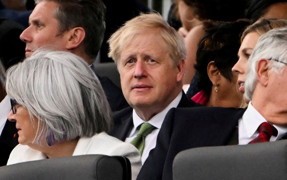 Britain's Prime Minister Boris Johnson reacts during Queen Elizabeth's Platinum Party at the Palace, held outside Buckingham Palace in London on June 4.
