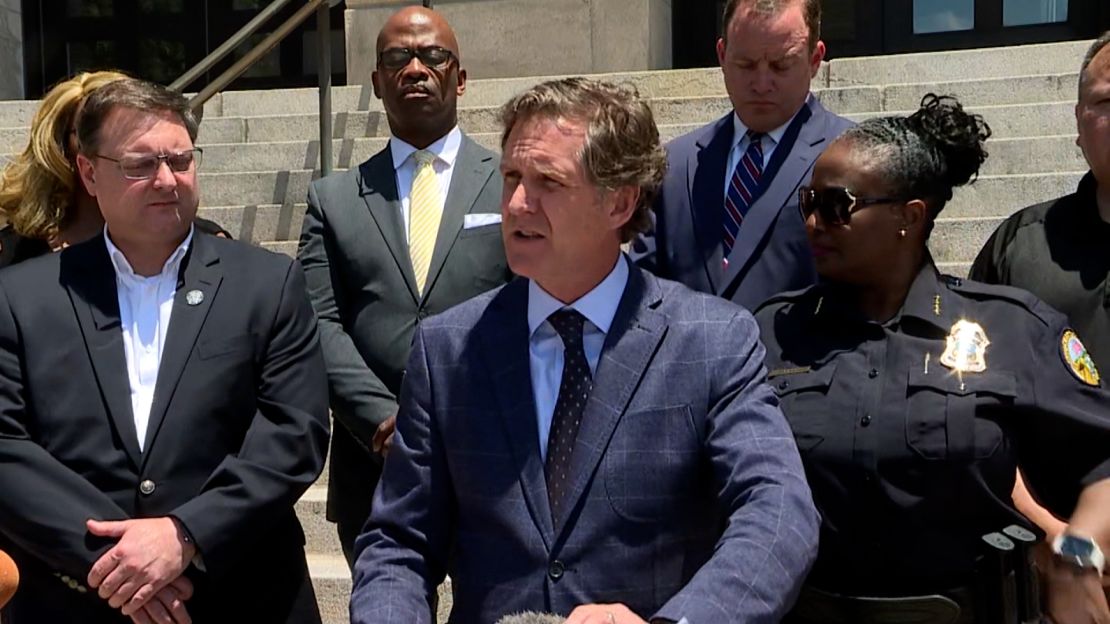 Mayor Tim Kelly speaks at a news conference on the steps of Chattanooga City Hall Sunday.