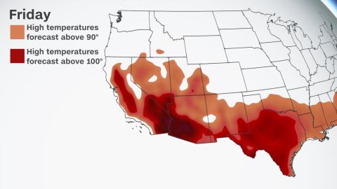 Temperatures on Friday are forecast to climb well into the 90s and triple digits from California to Texas as a heat wave grips the region.
