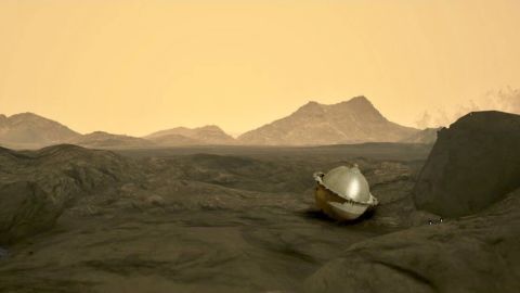 Questa illustrazione mostra la sonda dopo che ha raggiunto la superficie di Venere.  Sullo sfondo si possono vedere gli altopiani venusiani.