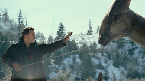 Chris Pratt and a Parasaurolophus in 'Jurassic World: Dominion.'