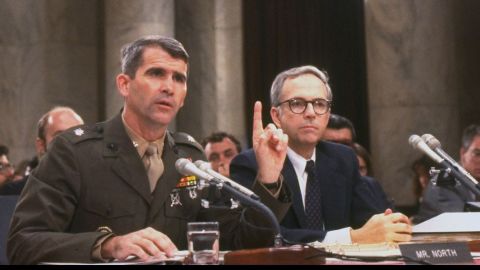 Lt. Col. Oliver North, with his attorney, Brendan Sullivan, testifying during the Iran-Contra hearings on Capitol Hill on July 7, 1987.