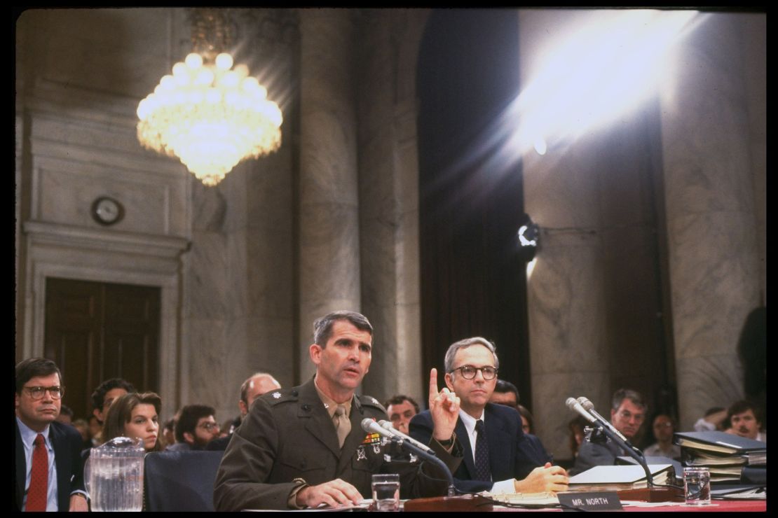 Lt. Col. Oliver North, with his attorney, Brendan Sullivan, testifying during the Iran-Contra hearings on Capitol Hill on July 7, 1987.