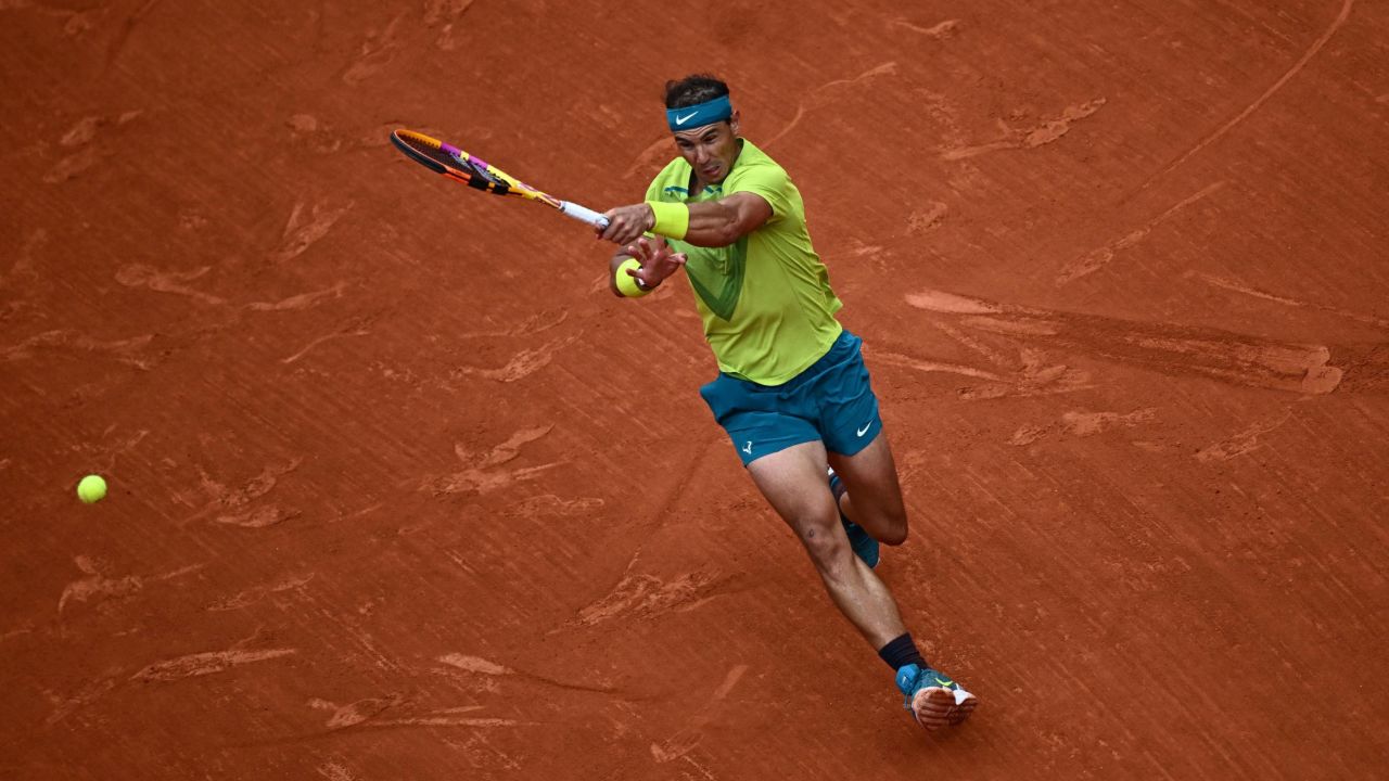 Nadal plays a forehand against Ruud in the French Open final. 