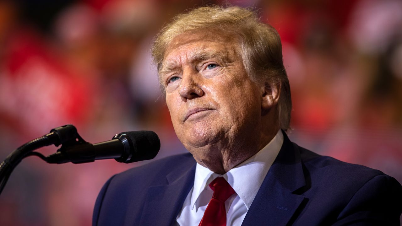 Former President Donald Trump speaks on May 28, 2022 in Casper, Wyoming. The rally is being held to support Harriet Hageman, Rep. Liz Cheneys primary challenger in Wyoming.