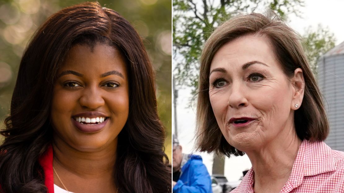 Democrat Deidre DeJear, left, and Republican Gov. Kim Reynolds, right.