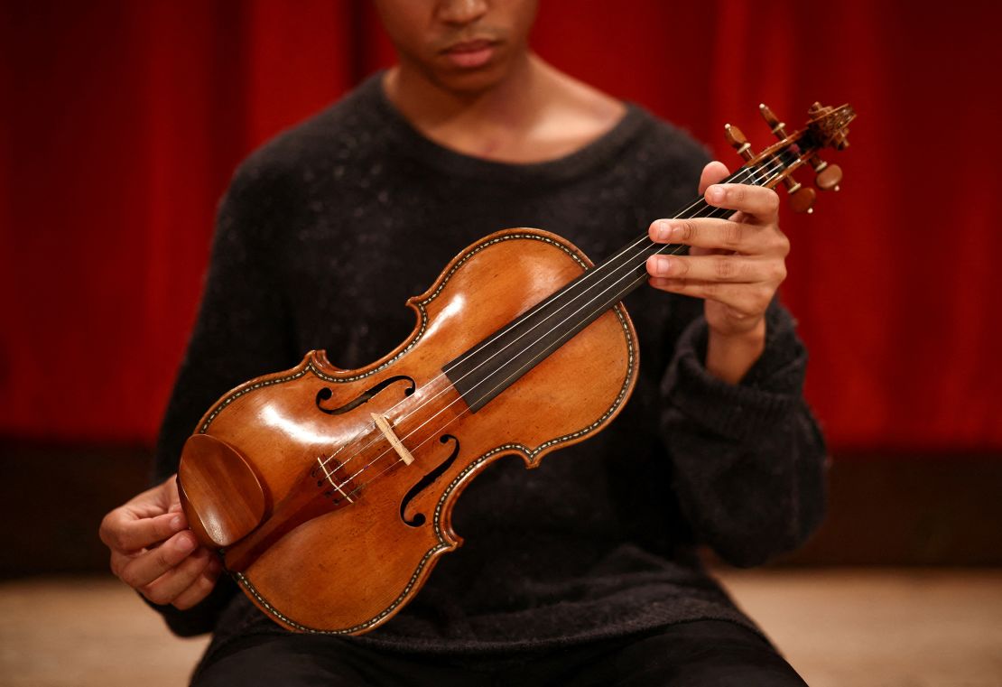 A close-up of the front of the "Hellier' Stradivarius, held by violinist Braimah Kanneh-Mason.