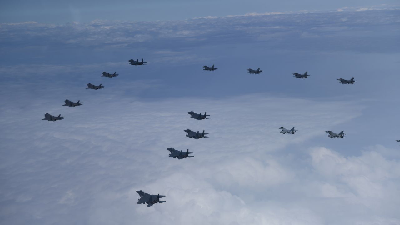 Twenty fighter jets, including South Korean F-35As, F-15Ks and KF-16s and US F-16 jets, take part in an aerial show of force to North Korea on Tuesday morning.