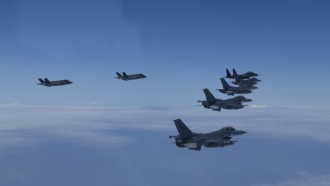 Fighter jets from the South Korean and US air forces fly over the Yellow Sea, or West Sea, on Tuesday morning.