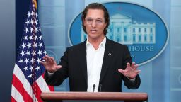 After meeting with President Joe Biden, Actor Matthew McConaughey talks to reporters during the daily news conference in the Brady Press Briefing Room at the White House on June 07, 2022 in Washington, DC. 
