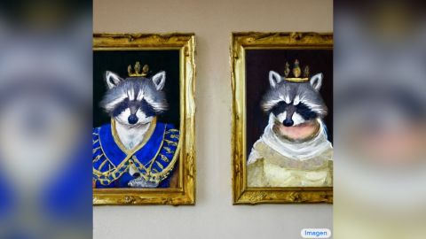 An image of "royal" raccoons created by an AI system called Imagen, built by Google Research.