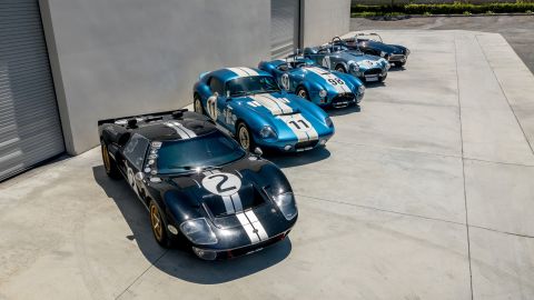 A range of Hi-Tech built replica models: (left-right) the Ford GT40, Daytona Coupe, and Shelby Cobras. 