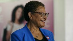 Democratic U.S. Rep. Karen Bass smiles after casting her vote in the contest to become Los Angeles' next mayor in the 2022 primary election at the Baldwin Hills Crenshaw Mall Community in Los Angeles, Tuesday, June 7, 2022. (AP Photo/Damian Dovarganes)
