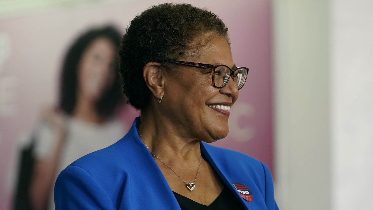 US Rep. Karen Bass smiles after casting her vote on June 7, 2022, in the contest to become Los Angeles' next mayor.