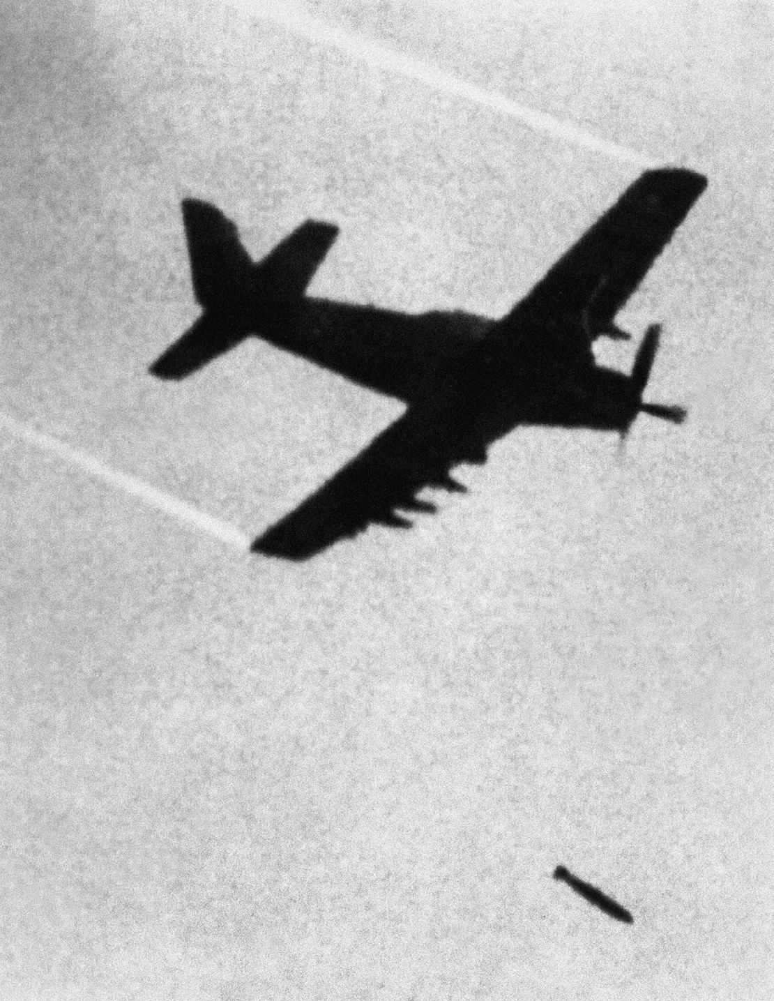 A file photo taken by Associated Press photographer Nick Ut on June 8, 1972 of a Skyraider dropping a napalm bomb over Trang Bang village. 