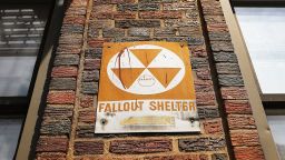 A leftover fallout shelter sign, one of hundreds in New York, is displayed on a building on August 11, 2017 in New York City. 