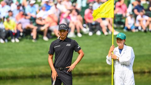 Min Woo Lee smiles with his sister Minjee Lee during the par three contest prior to the Masters in April.