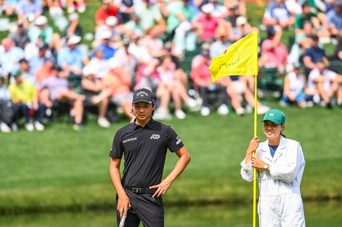 Min Woo Lee smiles with his sister  Minjee Lee during the par three contest prior to the Masters in April.