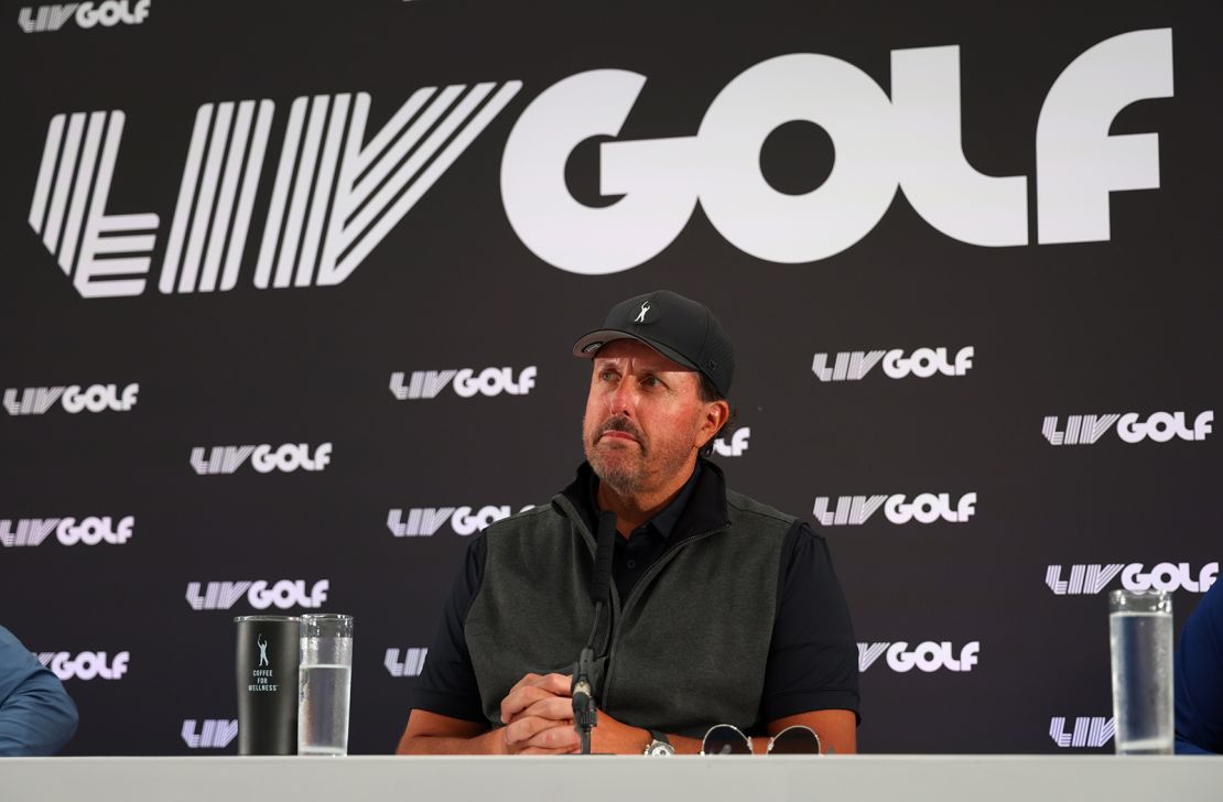 Mickelson looks on during a press conference at the Centurion Club.