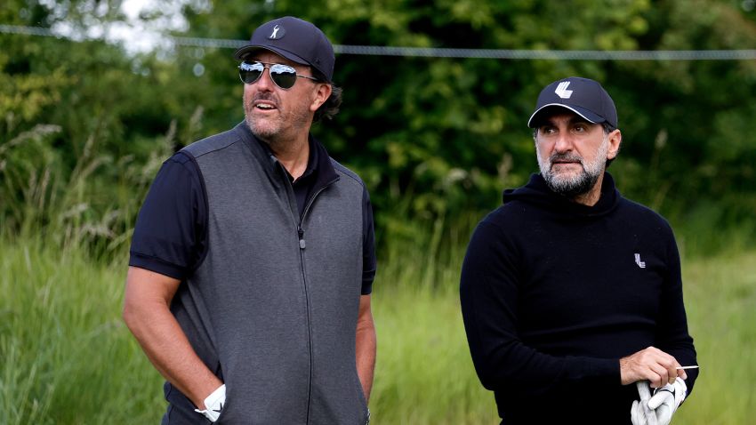 ST ALBANS, ENGLAND - JUNE 08: Phil Mickelson of the United States talks to His Excellency Yasir Al-Rumayyan during the Pro-Am ahead of the LIV Golf Invitational at The Centurion Club on June 08, 2022 in St Albans, England. (Photo by John Phillips/LIV Golf/Getty Images)