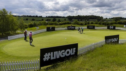 A general view of golfers practicing at the putting green at the Centurion Club ahead of the LIV Golf Series.