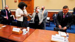 People arrive to testify before a House Committee on Oversight and Reform hearing on gun violence on Capitol Hill in Washington, Wednesday, June 8, 2022. (AP Photo/Andrew Harnik)