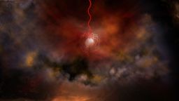 Artist's conception of a neutron star with an ultra-strong magnetic field, called a magnetar, emitting radio waves (red). Magnetars are a leading candidate for what generates Fast Radio Bursts.
Credit: Bill Saxton, NRAO/AUI/NSF