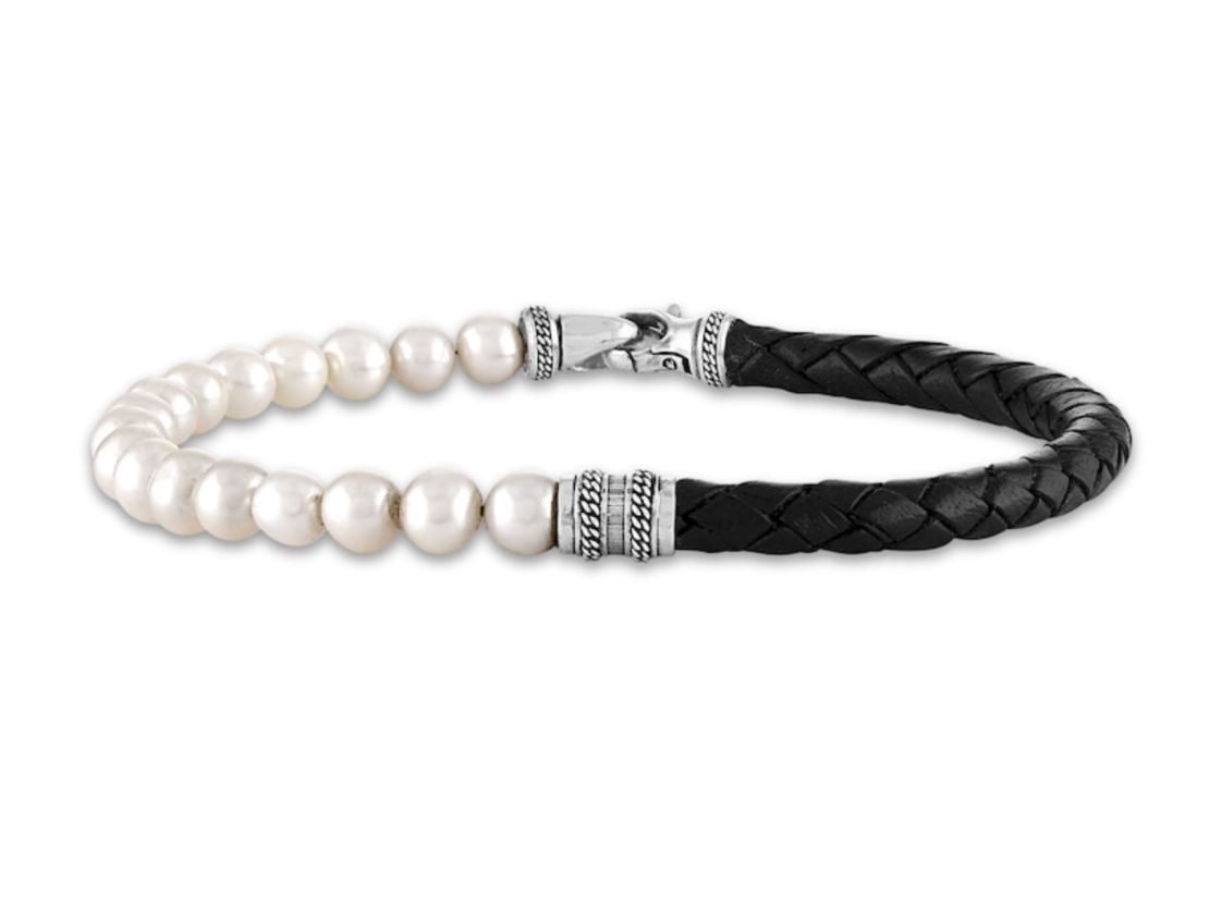 Pearl jewelry designed for men incorporates unconventional  materials such as leather.