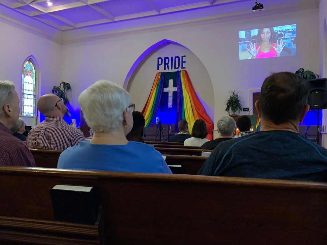 Congregants celebrate a Pride service in Augusta, Georgia. 