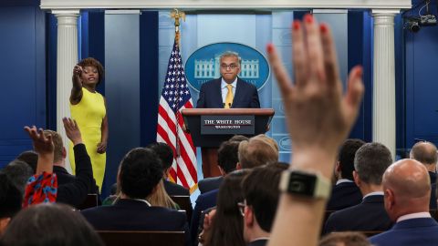 White House Covid-19 Response Coordinator Dr. Ashish Jha speaks alongside White House press secretary Karine Jean-Pierre during the daily press briefing at the White House on June 2, 2022 in Washington, DC. 