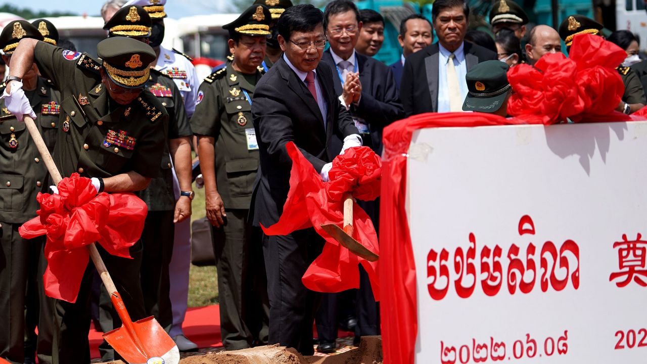Cambodia's Defence Minister Tea Banh and China's Ambassador to Cambodia Wang Wentian at a groundbreaking ceremony at Ream Naval Base on June 8. 