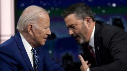 President Joe Biden speaks with host Jimmy Kimmel during a commercial break during the taping of Jimmy Kimmel Live!, Wednesday, June 8, 2022, in Los Angeles prior to attending the Summit of the Americas.