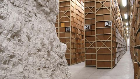 A stack in the Federal Records Center in Lenexa, Kansas, one of three National Archives facilities in caves in the Kansas City area that store immigration records.