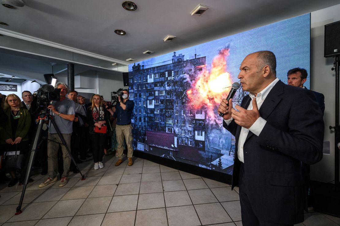 Victor Pinchuk at the opening ceremony of the "Russian Warcrimes House," a photographic exhibition documenting alleged war crimes committed by Russian troops in Ukraine. The event was organized by the Victor Pinchuk Foundation during the World Economic Forum annual meeting in Davos in May.