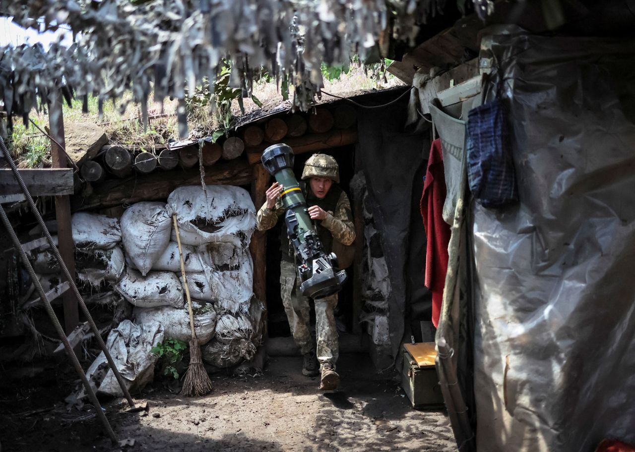 A Ukrainian soldier holds a next generation light anti-tank weapon (NLAW) at a position on the front line near Bakhmut in the Donbas region of Ukraine on June 5.