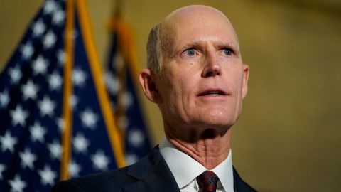 Sen. Rick Scott (R-FL) speaks during a news conference on Capitol Hill in Washington, DC, on February 16, 2022.
