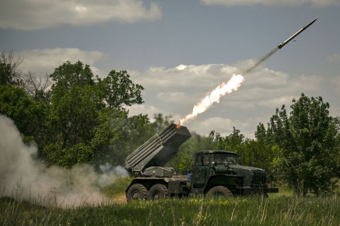 Ukrainian troops fire surface-to-surface rockets from <a href="index.php?page=&url=https%3A%2F%2Fedition.cnn.com%2F2022%2F05%2F26%2Fpolitics%2Fus-long-range-rockets-ukraine-mlrs%2Findex.html" target="_blank">MLRS</a> towards Russian positions at the front line in the eastern Ukrainian region of Donbas on June 7.