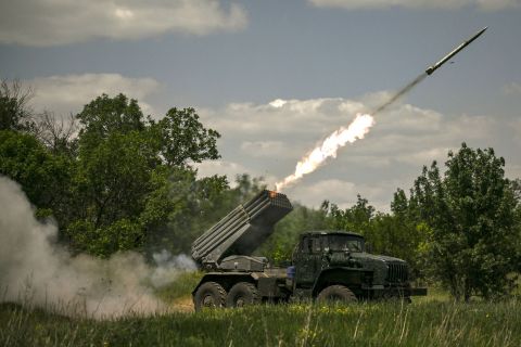 Ukrainian troops fire surface-to-surface rockets from MLRS towards Russian positions at the front line in the eastern Ukrainian region of Donbas on June 7.